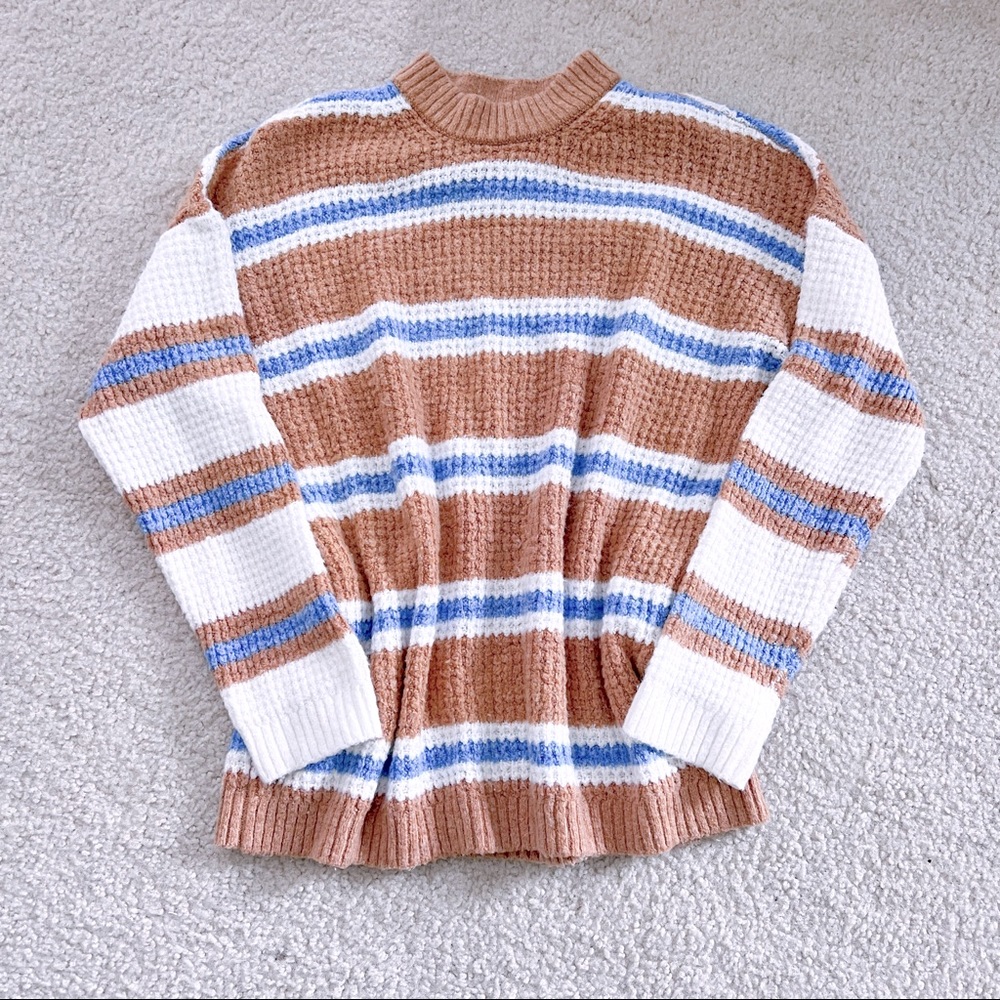 American Eagle AEO Striped Oversized Sweater Sz XS Yellow White Blue Waffle Knit